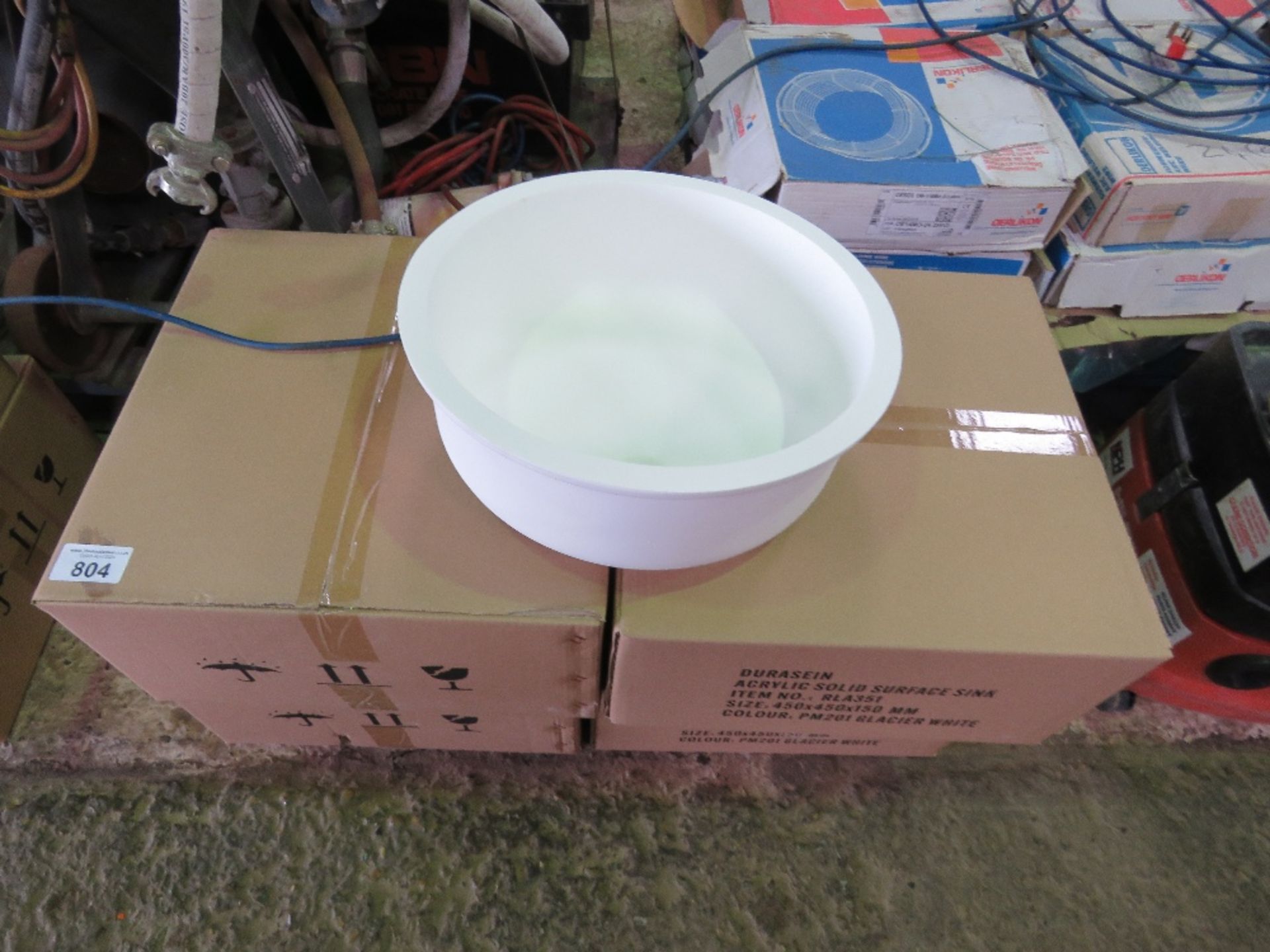 4NO DURASEIN 450X450X150 SOLID SURFACE ACRYLIC SINK, UNUSED, SURPLUS STOCK.