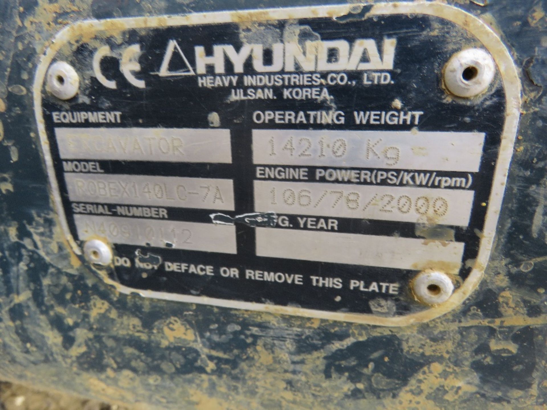 HYUNDAI 140LC-7A STEEL TRACKED EXCAVATOR, BELIEVED TO BE YEAR 2009 APPROX. HOUR CLOCK READING 868 RE - Image 6 of 25