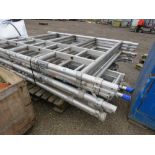 LEWIS ALUMINIUM SCAFFOLD TOWER PARTS INCLUDING FRAMES, BEAMS, LEGS AND BOARDS.