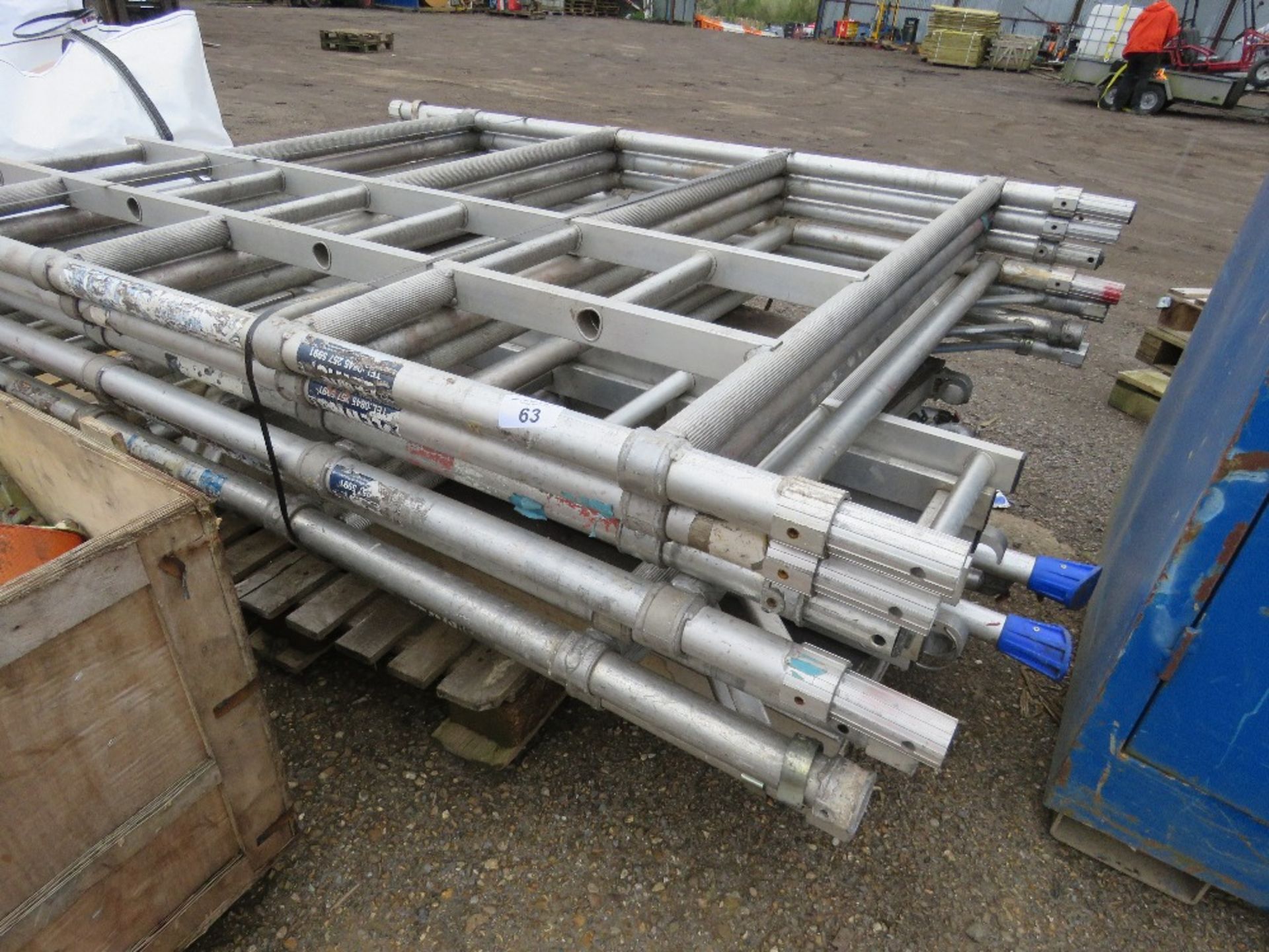 LEWIS ALUMINIUM SCAFFOLD TOWER PARTS INCLUDING FRAMES, BEAMS, LEGS AND BOARDS.