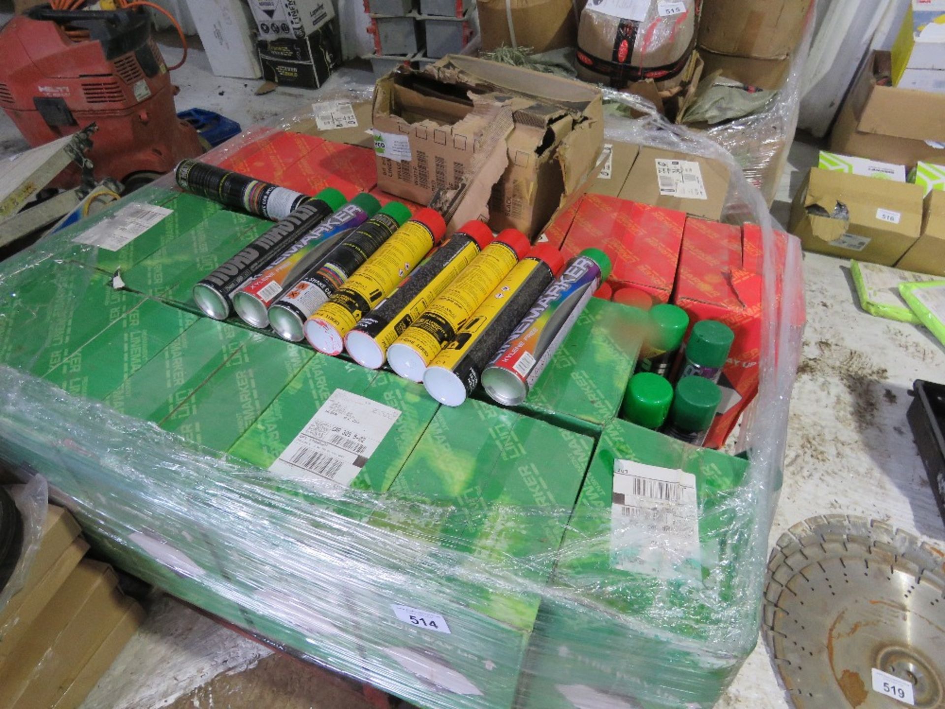 PALLET CONTAINING MIXED LINE MARKING SPRAYS, 23NO BOXES IN TOTAL APPROX. SOURCED FROM COMPANY LIQUID