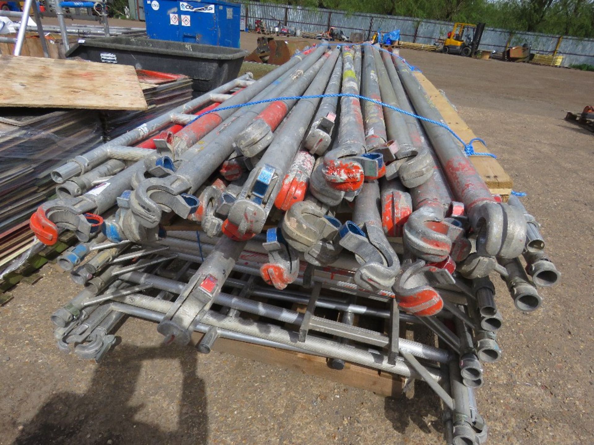 STACK OF ASSORTED SCAFFOLD TOWER PARTS INCLUDING 14NO DOUBLE FRAMES PLUS A SELECTION OF POLES AS SHW