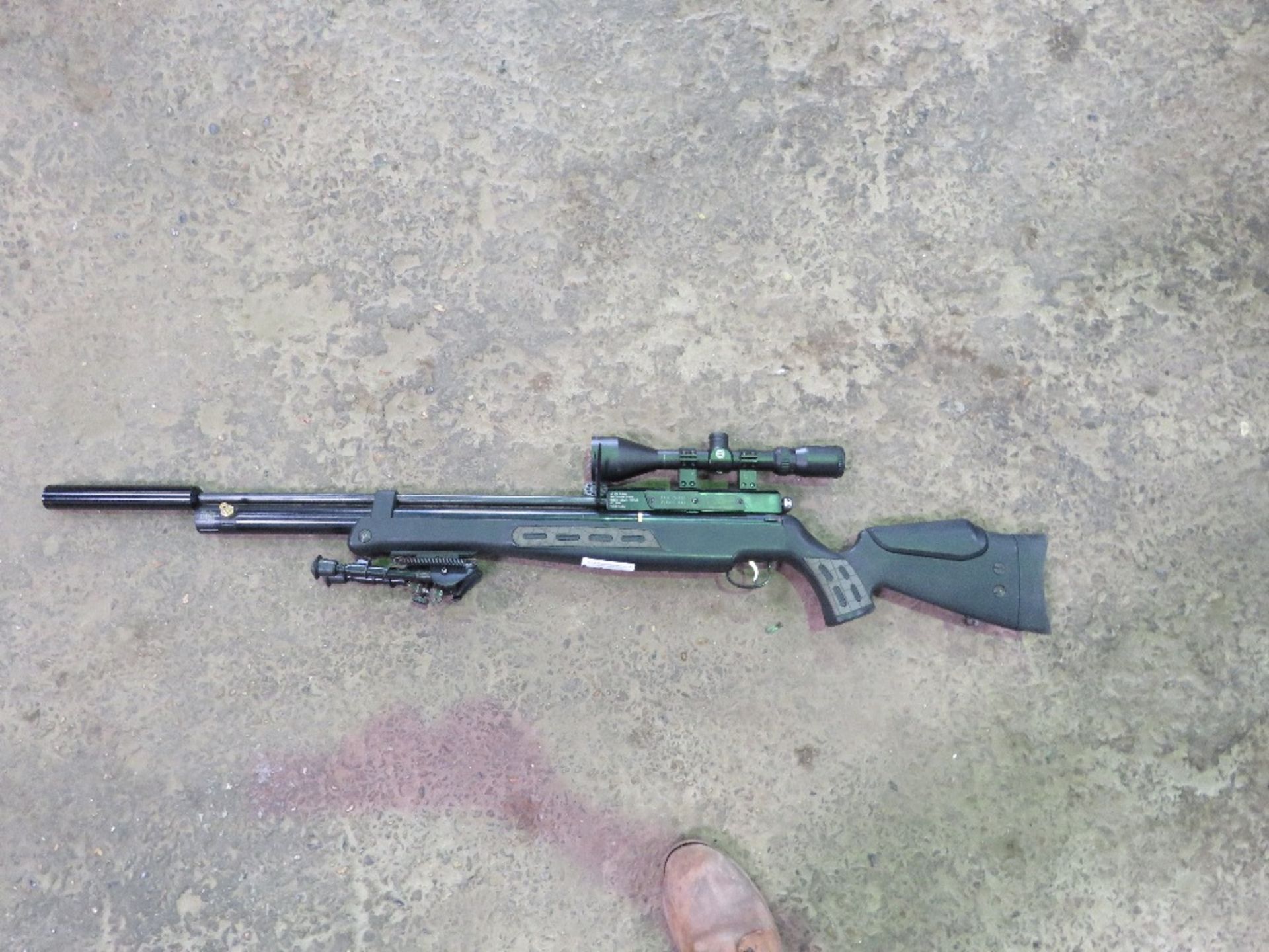 AIR RIFLE WITH SILENCER AND TELESCOPIC SIGHT, AND BIPOD STAND , COMPRESSED AIR, BOLT ACTION LOADING