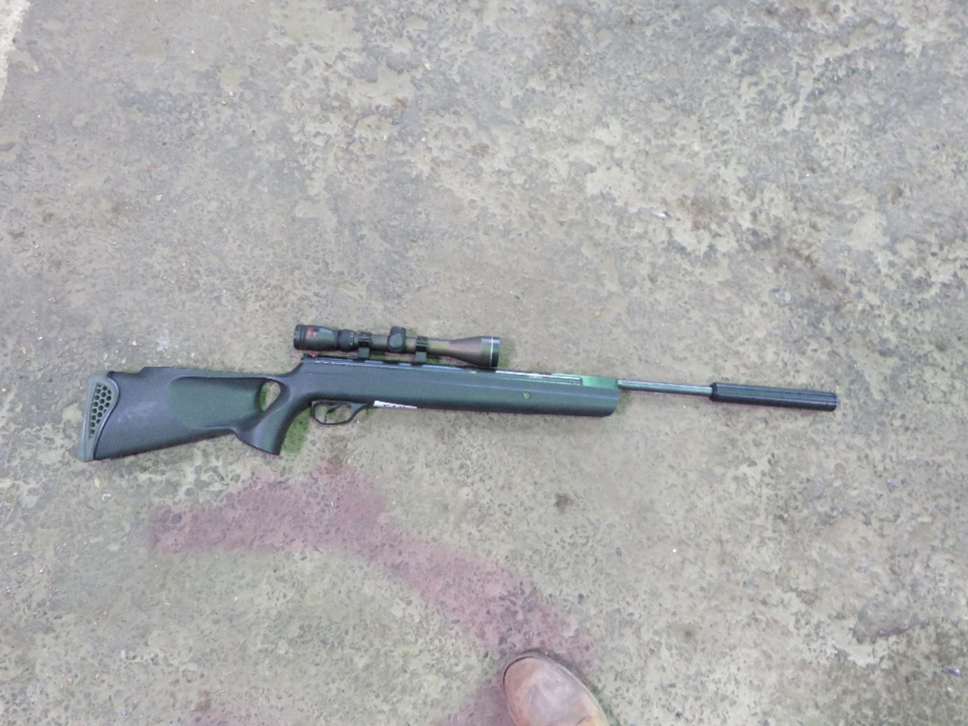 AIR RIFLE WITH SILENCER AND TELESCOPIC SIGHT, BREAK BARREL COCKING TYPE.....THIS LOT IS SOLD UNDER