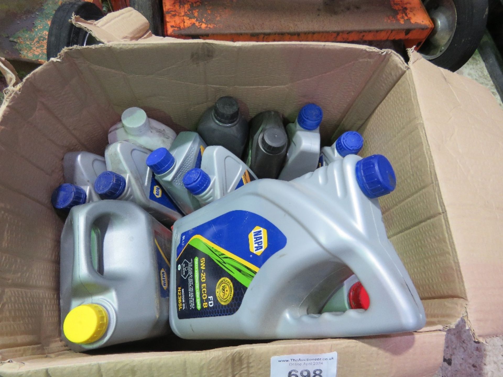 BOX OF ASSORTED OILS AND LUBRICANTS AS SHOWN. SOURCED FROM GARAGE COMPANY LIQUIDATION.