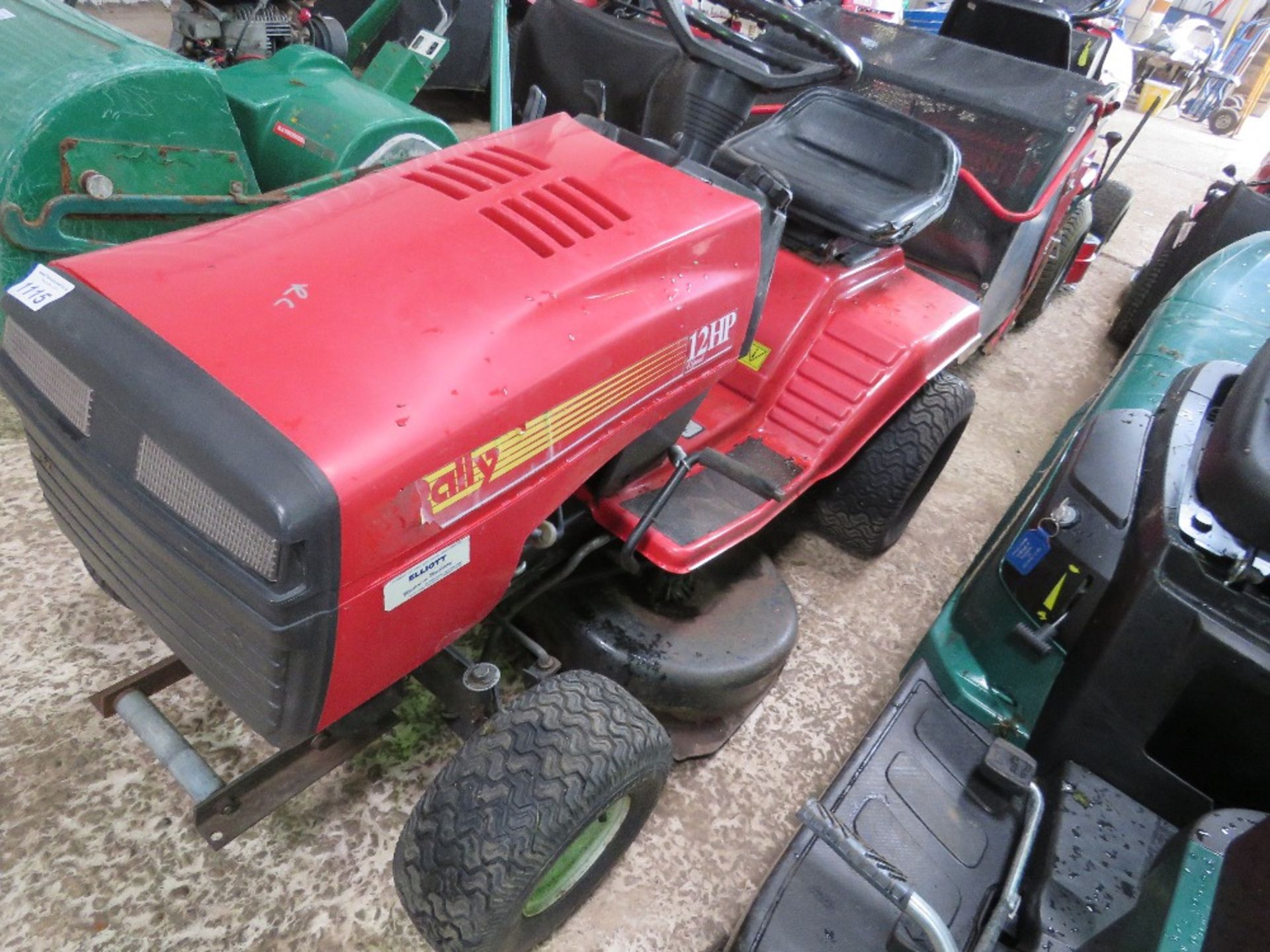 RALLY 12HP RIDE ON MOWER. WHEN BRIEFLY TESTED WAS SEEN TO RUN AND MOWERS ENGAGED. - Image 3 of 7