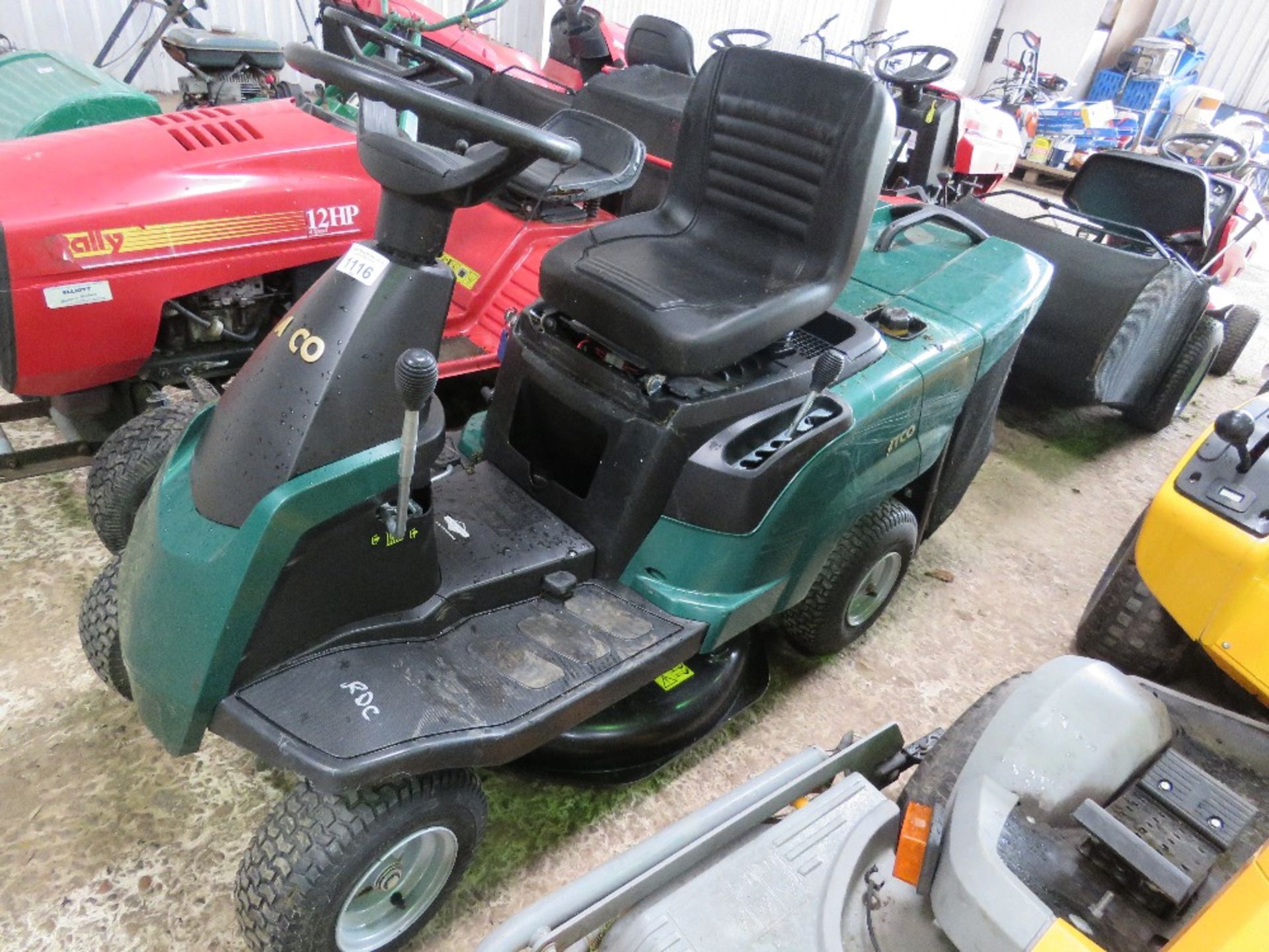 ATCO RIDER RIDE ON MOWER WITH COLLECTOR. WHEN BRIEFLY TESTED WAS SEEN TO RUN, DRIVE AND MOWERS ENGAG