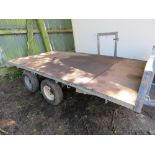 TWIN AXLED FLAT TRAILER, 10FT LENGTH APPROX, BALL HITCH COUPLING.