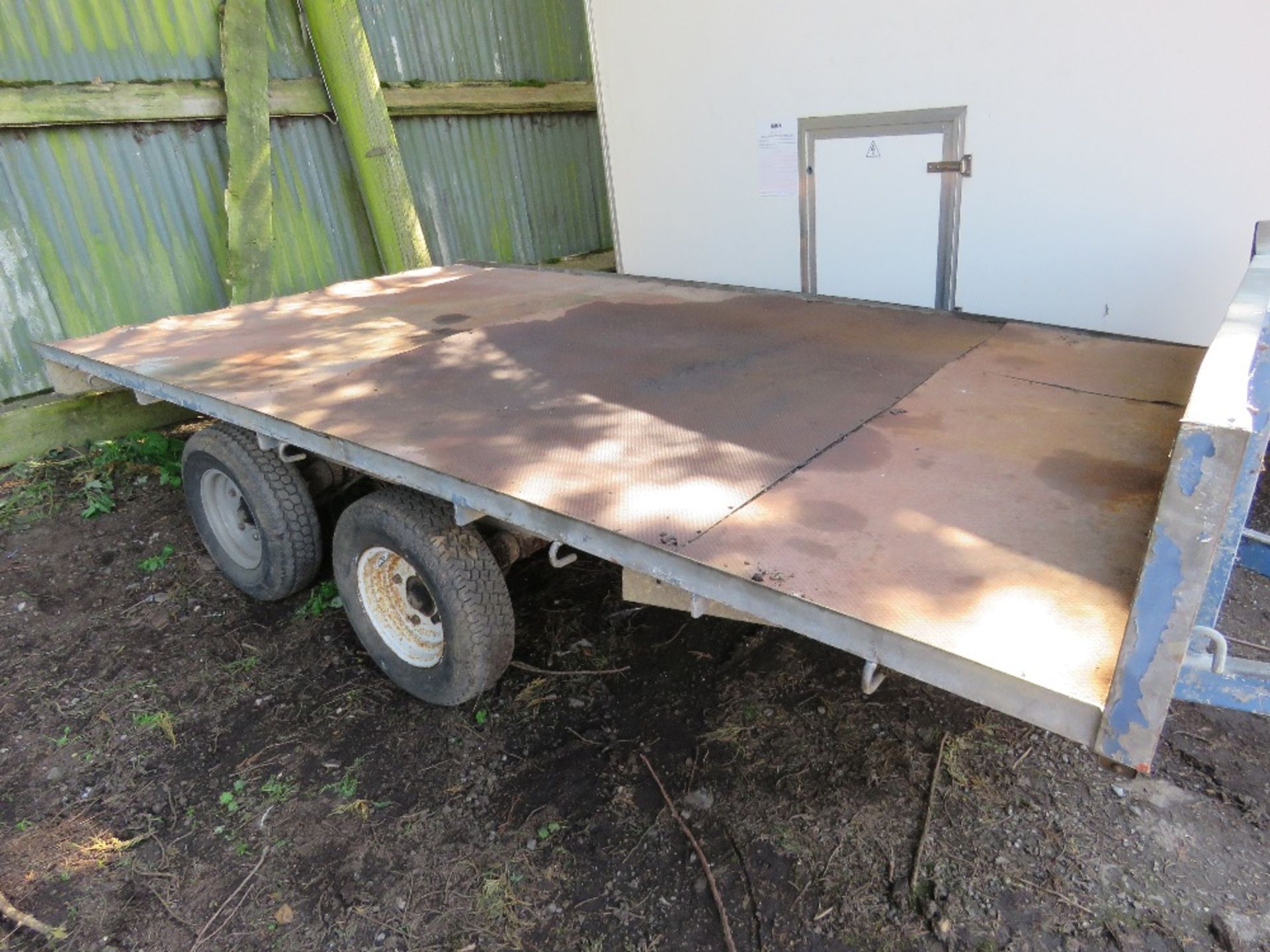 TWIN AXLED FLAT TRAILER, 10FT LENGTH APPROX, BALL HITCH COUPLING.