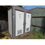 TWIN COMPARTMENT MAINS TOILET CABIN, 7FT X 4FT APPROX WITH ELECTRIC HOOK UP. ....THIS LOT IS SOLD UN