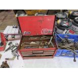 LARGE TOOL BOX WITH CONTENTS PLUS A BOX OF ASSORTED TOOLS AND SUNDRIES.