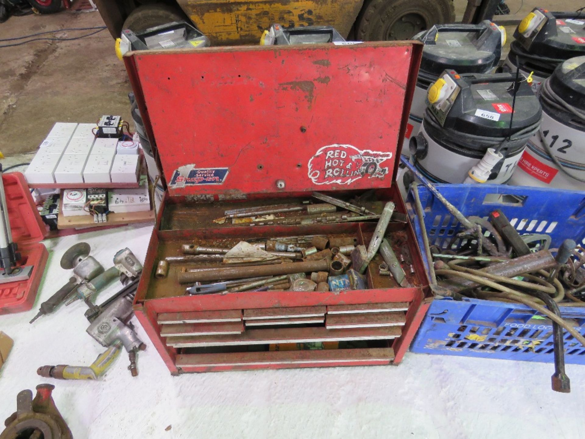 LARGE TOOL BOX WITH CONTENTS PLUS A BOX OF ASSORTED TOOLS AND SUNDRIES.