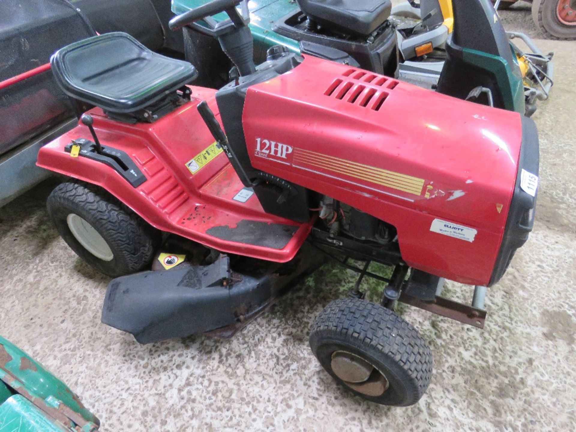RALLY 12HP RIDE ON MOWER. WHEN BRIEFLY TESTED WAS SEEN TO RUN AND MOWERS ENGAGED.