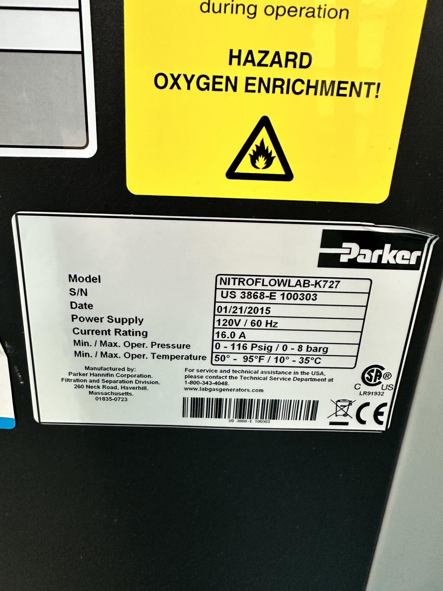 2015 Parker Mobile Nitrogen Gas Generator For LC/MS Nitroflowlab-K727 - Image 4 of 4