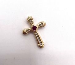 14ct gold ruby and diamond cross pendant