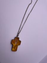 Silver amber cross pendant and chain