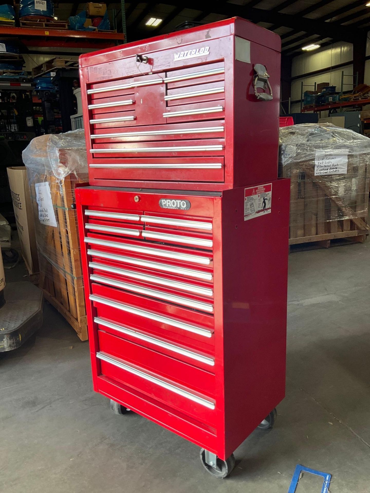 WATERLOO INDUSTRIAL PARTS CABINET / TOOL BOX ON WHEELS WITH CONTENTS , APPROX 30€ W x 18€ L x 6...