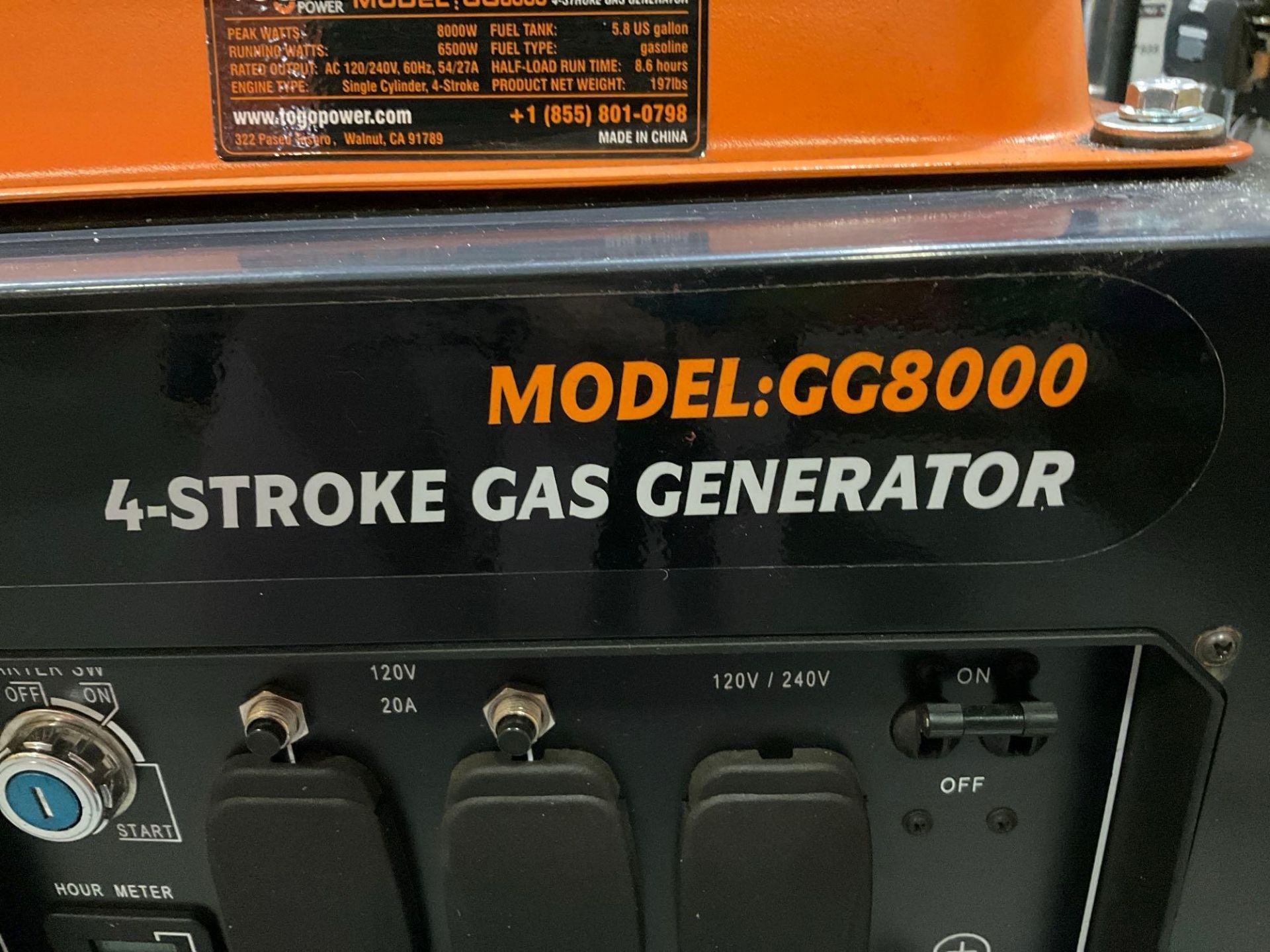 ( 1 ) UNUSED TOGO POWER 4-STROKE GAS GENERATOR MODEL GG8000, APPROX PEAK 8000W, APPROX RUNNING 65... - Image 7 of 11