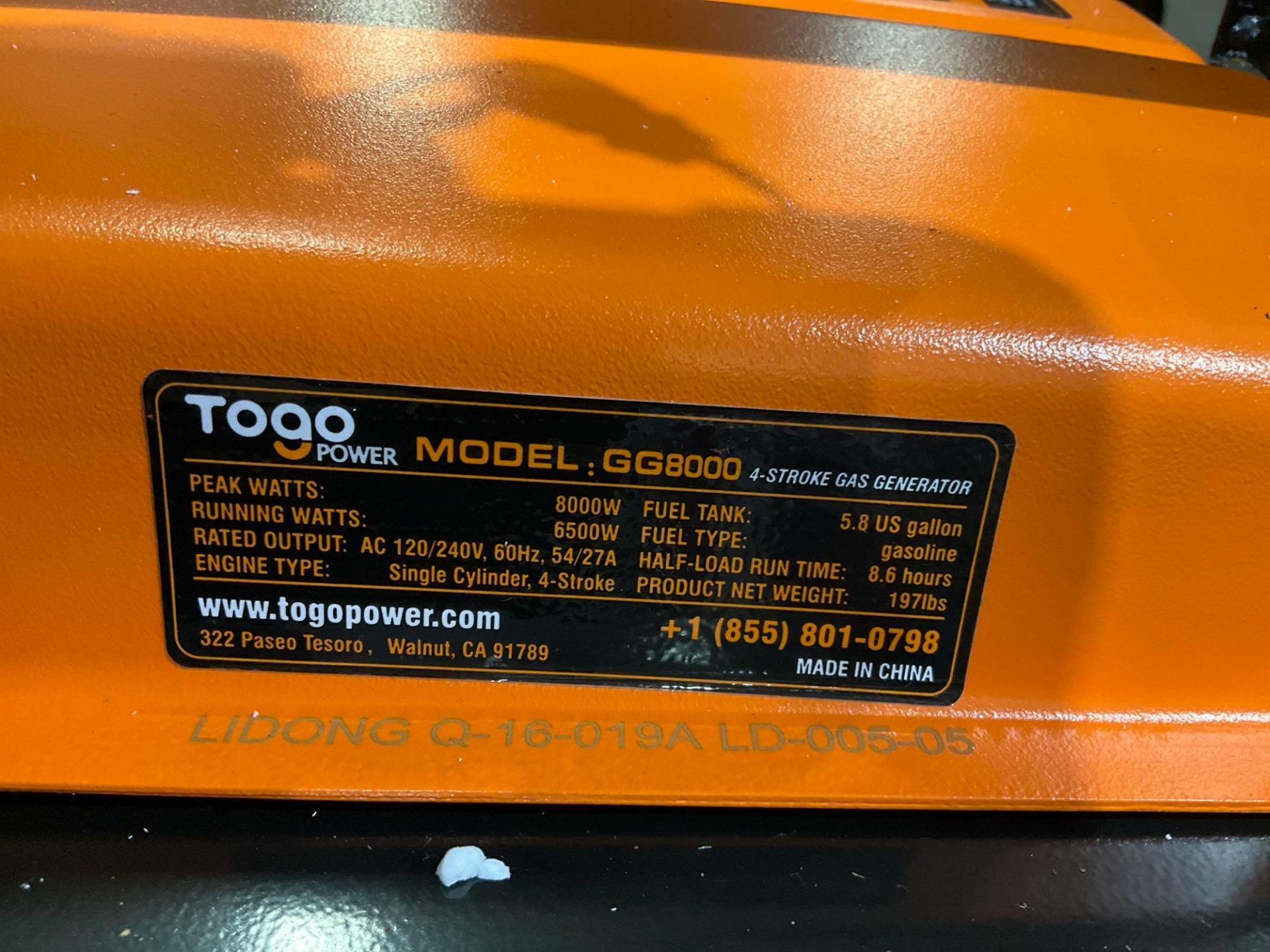 ( 1 ) UNUSED TOGO POWER 4-STROKE GAS GENERATOR MODEL GG8000, APPROX PEAK 8000W, APPROX RUNNING 65... - Image 8 of 10