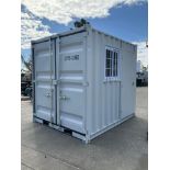 9' OFFICE / STORAGE CONTAINER, FORK POCKETS WITH SIDE DOOR ENTRANCE & SIDE WINDOW, APPROX 99'' T x