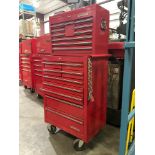 WATERLOO INDUSTRIAL PARTS CABINET / TOOL BOX ON WHEELS WITH CONTENTS , APPROX 30€ W x 18€ L x 6...
