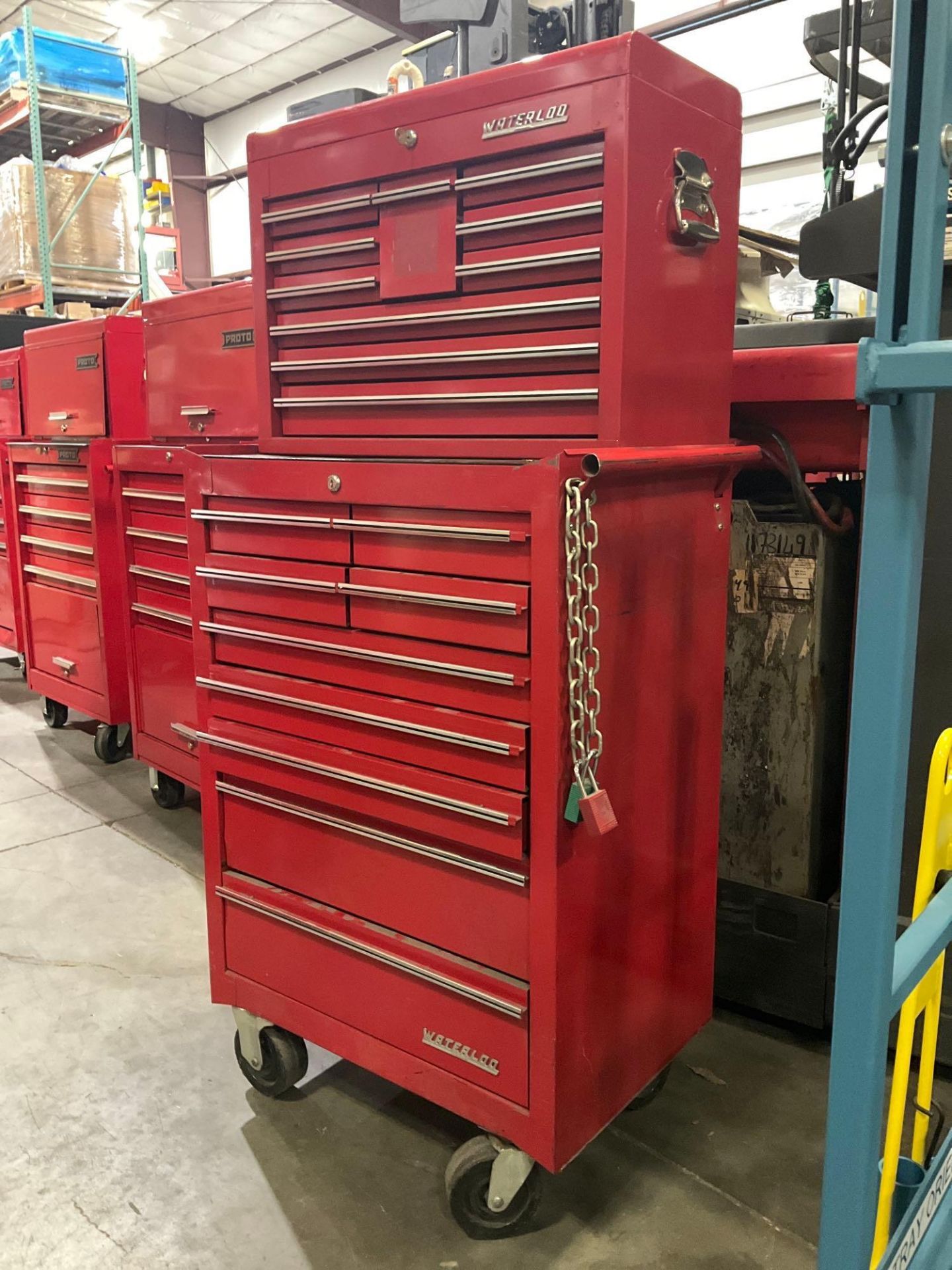 WATERLOO INDUSTRIAL PARTS CABINET / TOOL BOX ON WHEELS WITH CONTENTS , APPROX 30€ W x 18€ L x 6...