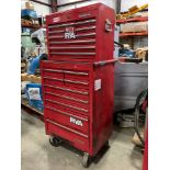 WATERLOO INDUSTRIAL PARTS CABINET / TOOL BOX ON WHEELS WITH CONTENTS , APPROX 30€ W x 18€ L x 6...
