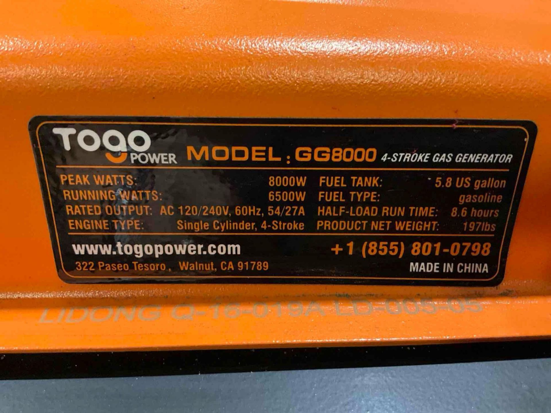 ( 1 ) UNUSED TOGO POWER 4-STROKE GAS GENERATOR MODEL GG8000, APPROX PEAK 8000W, APPROX RUNNING 65... - Image 11 of 11