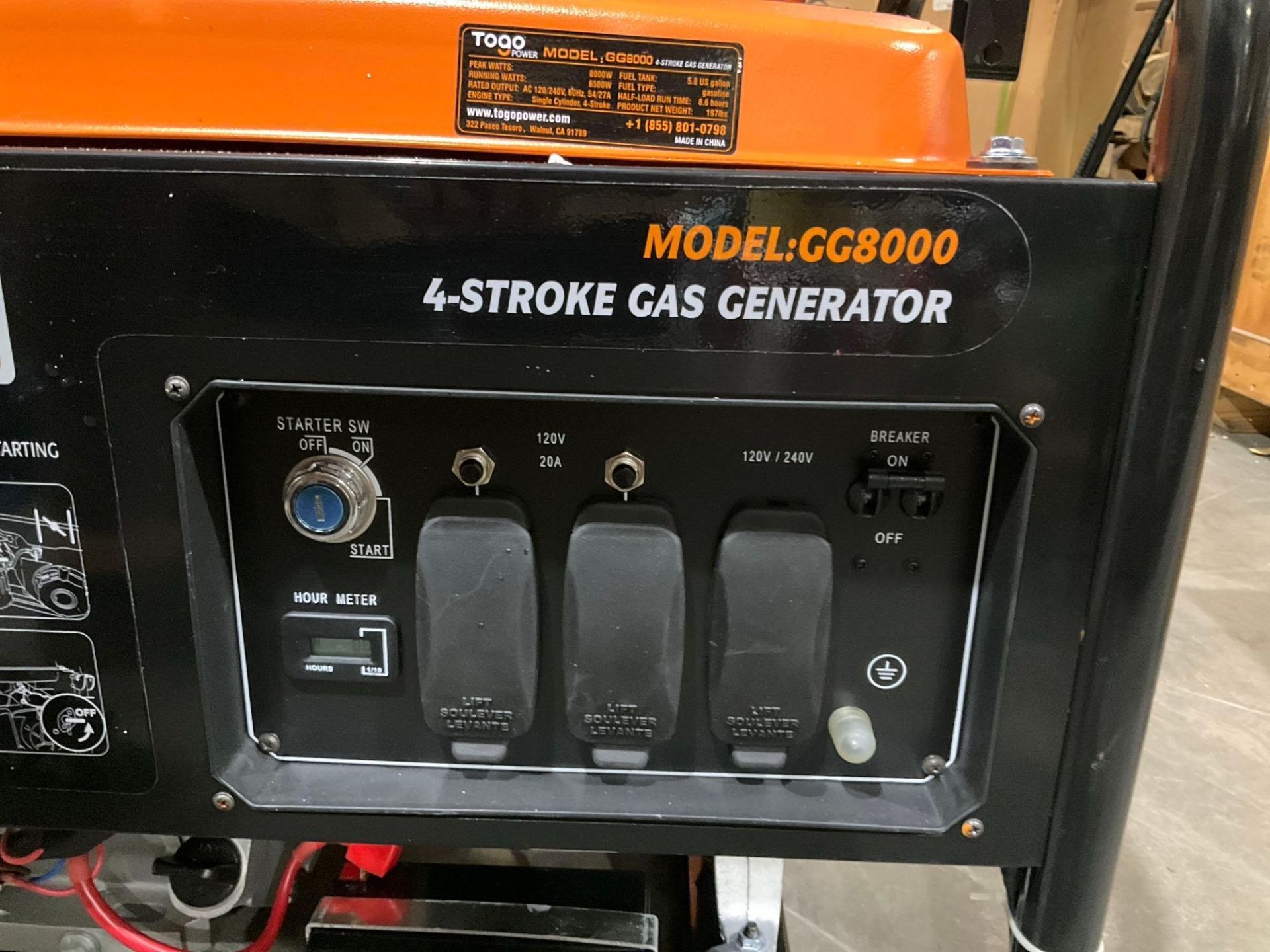 ( 1 ) UNUSED TOGO POWER 4-STROKE GAS GENERATOR MODEL GG8000, APPROX PEAK 8000W, APPROX RUNNING 65... - Image 7 of 10