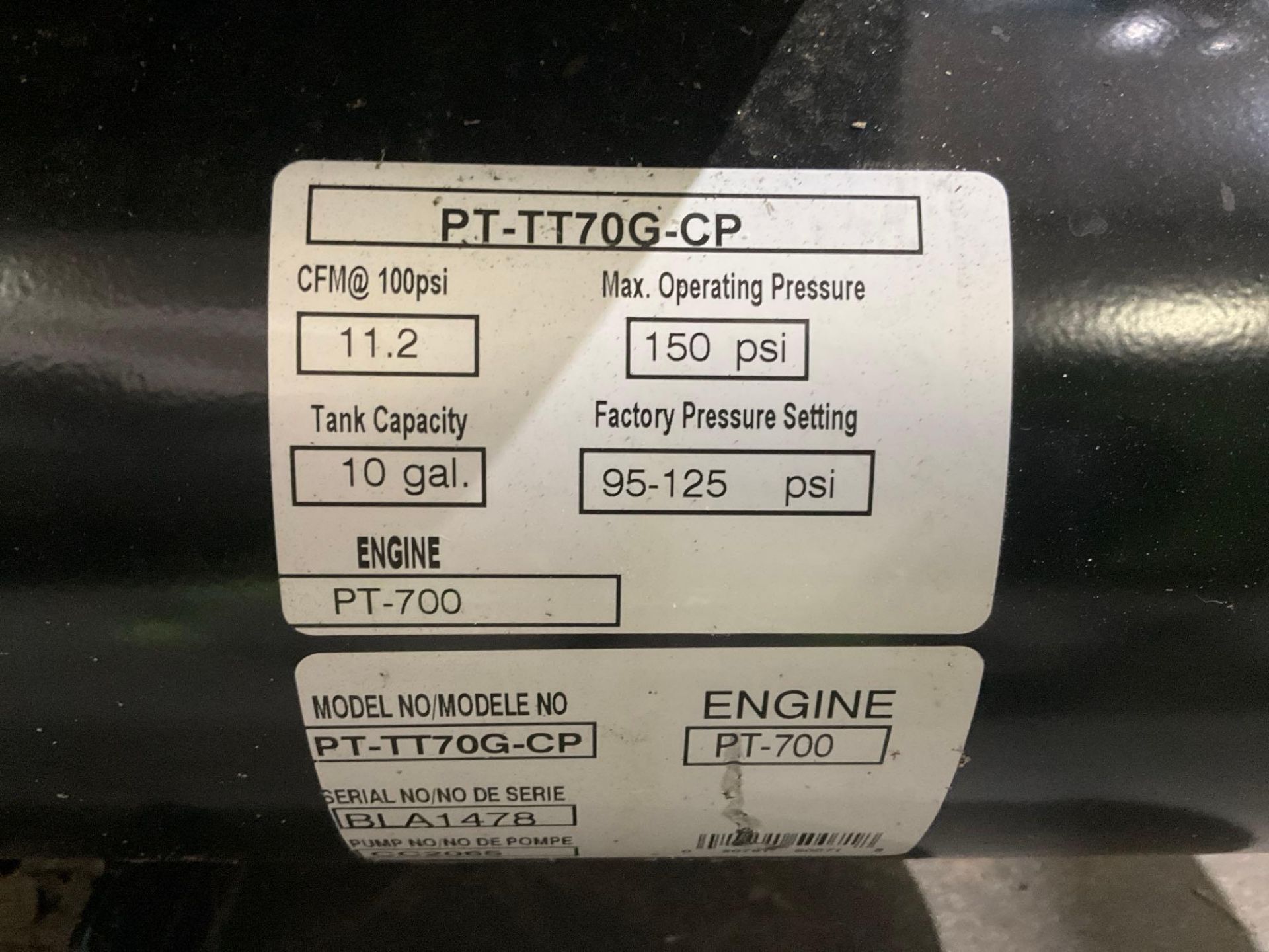 UNUSED POWER TRAIN AIR COMPRESSOR MODEL PT-TT70G-CP, GAS POWERED, APPROX 150 MAX RATED PSI, APPROX - Image 9 of 9