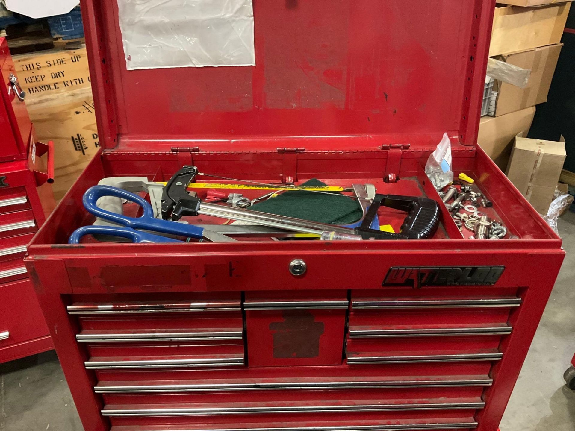 WATERLOO INDUSTRIAL PARTS CABINET / TOOL BOX ON WHEELS WITH CONTENTS , APPROX 30€ W x 18€ L x 6... - Image 5 of 15