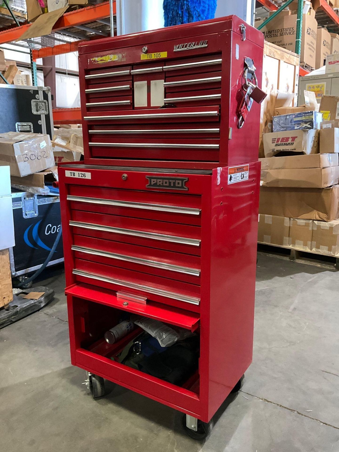 WATERLOO PROTO INDUSTRIAL PARTS CABINET / TOOL BOX ON WHEELS WITH CONTENTS , APPROX 30€ W x 18€ L