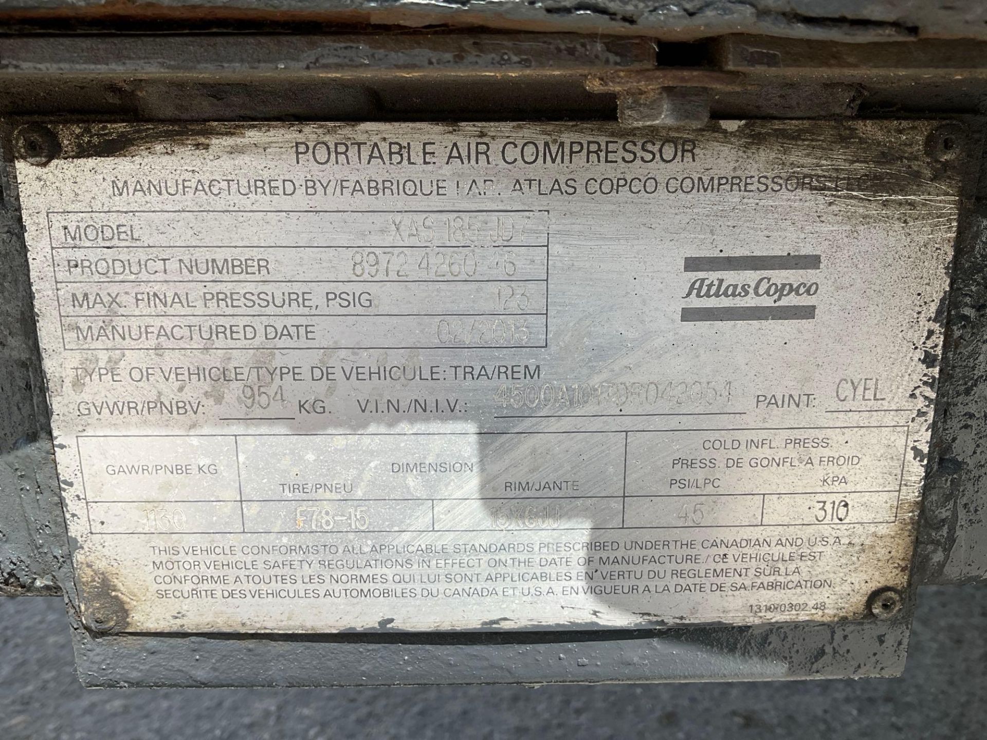 ATLAS COPCO PORTABLE AIR COMPRESSOR MODEL XAS 185 JD7, DIESEL, JOHN DEERE ENGINE, TOW BEHIND - Image 18 of 18