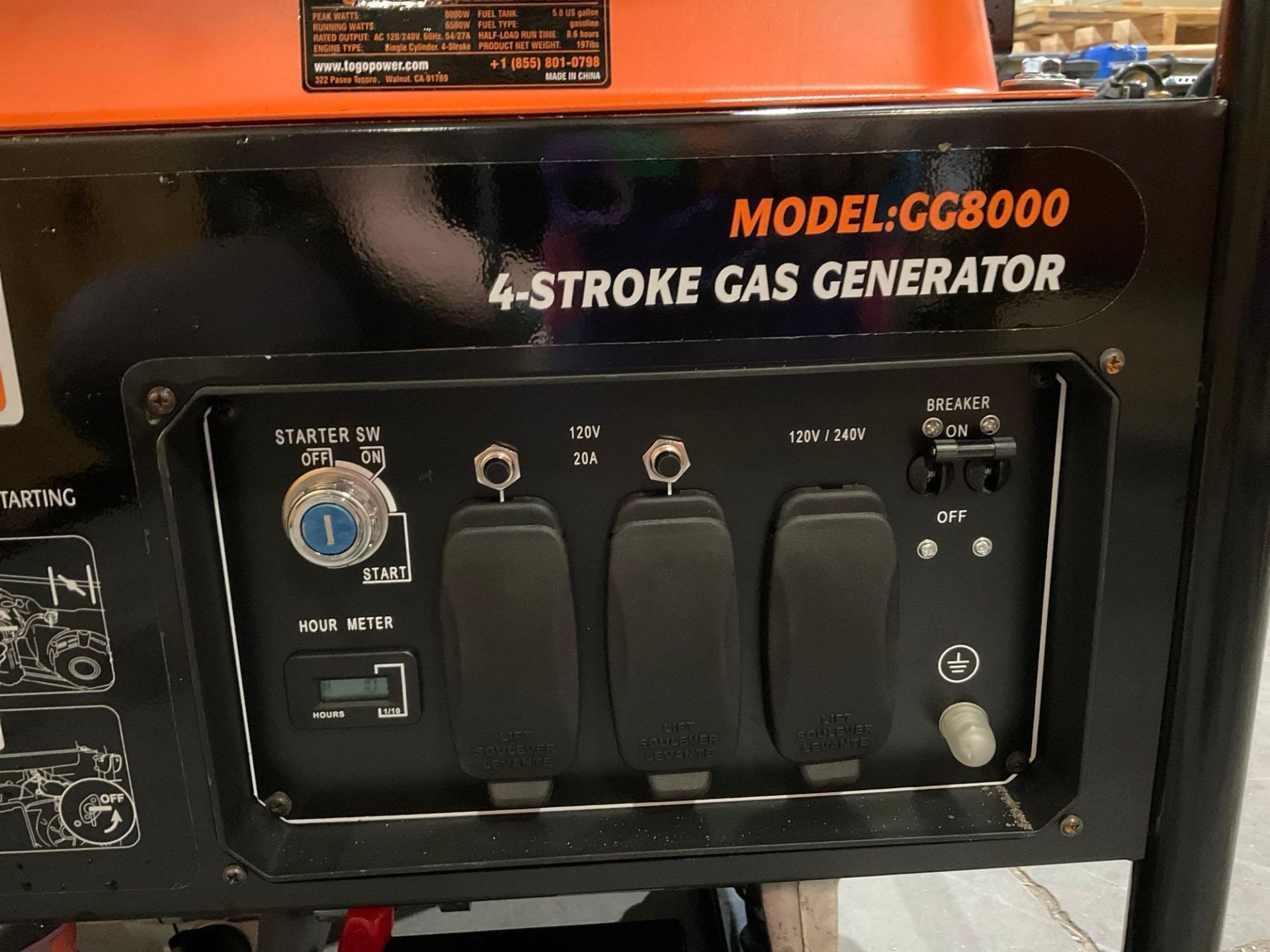 ( 1 ) UNUSED TOGO POWER 4-STROKE GAS GENERATOR MODEL GG8000, APPROX PEAK 8000W, APPROX RUNNING 65... - Image 8 of 10