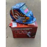 UNUSED AUTO DARKENING AMERICAN EAGLE BLUE WELDING FULL FACE SHIELD / HELMET