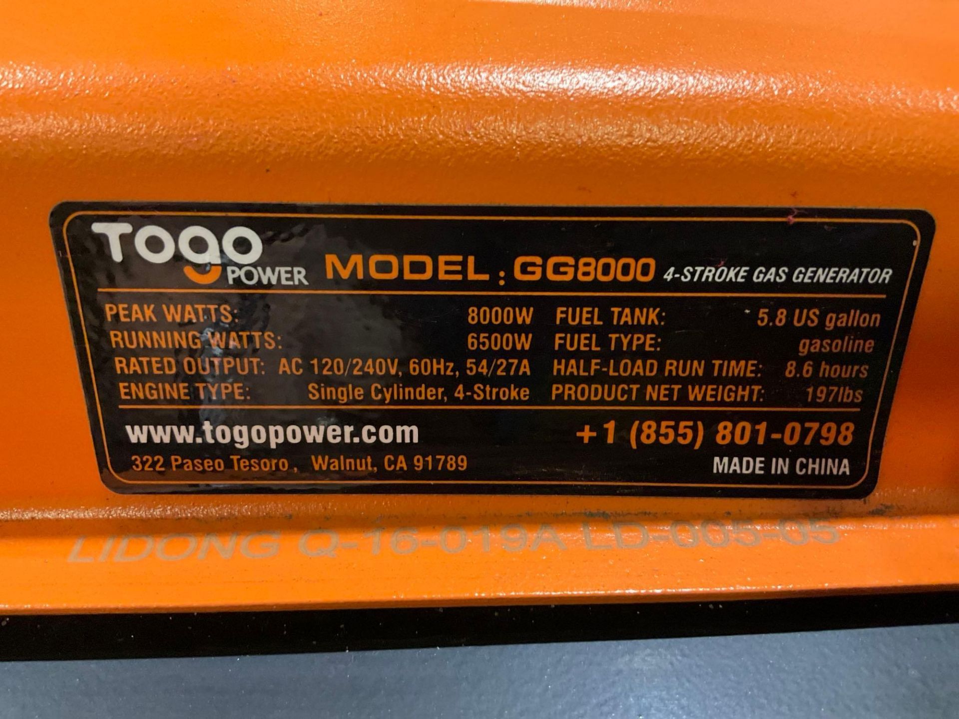 ( 1 ) UNUSED TOGO POWER 4-STROKE GAS GENERATOR MODEL GG8000, APPROX PEAK 8000W, APPROX RUNNING 65... - Bild 8 aus 11