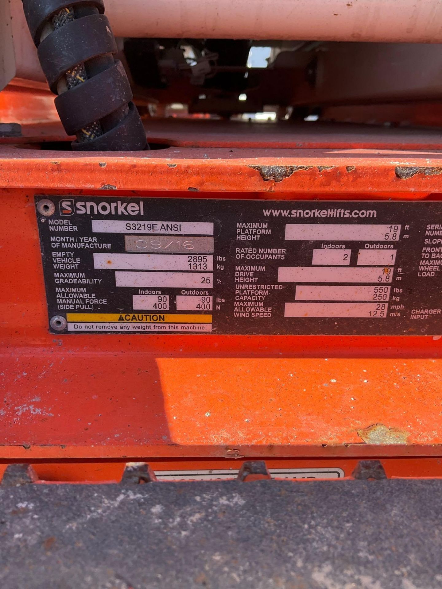 2016 SNORKEL SCISSOR LIFT MODEL S3219E ANSI , ELECTRIC, APPROX MAX PLATFORM HEIGHT 19FT, NON MARK... - Image 11 of 11