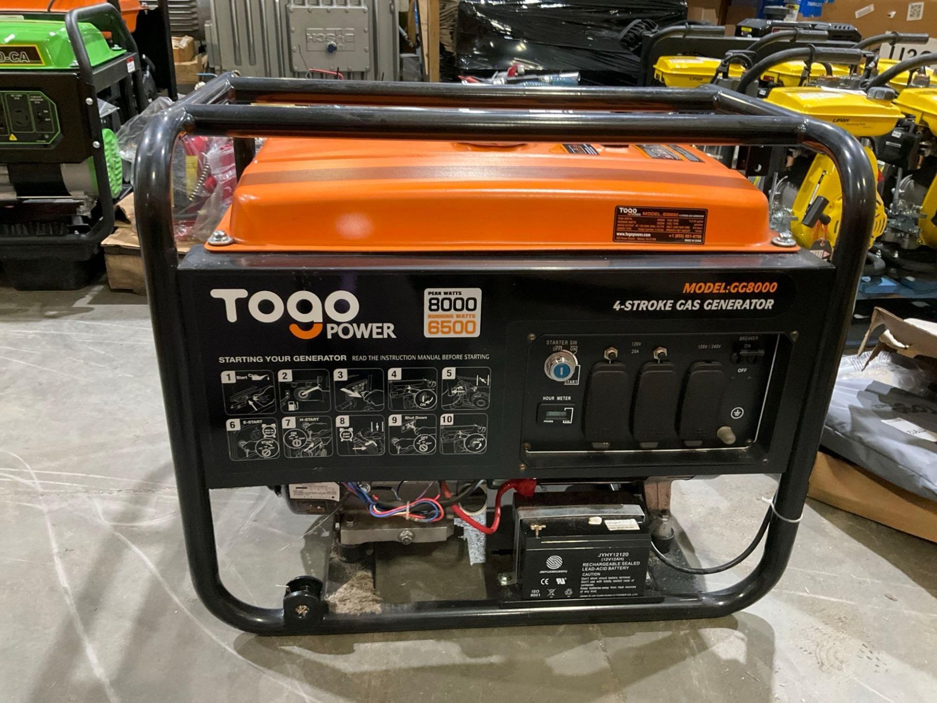 ( 1 ) UNUSED TOGO POWER 4-STROKE GAS GENERATOR MODEL GG8000, APPROX PEAK 8000W, APPROX RUNNING 65...