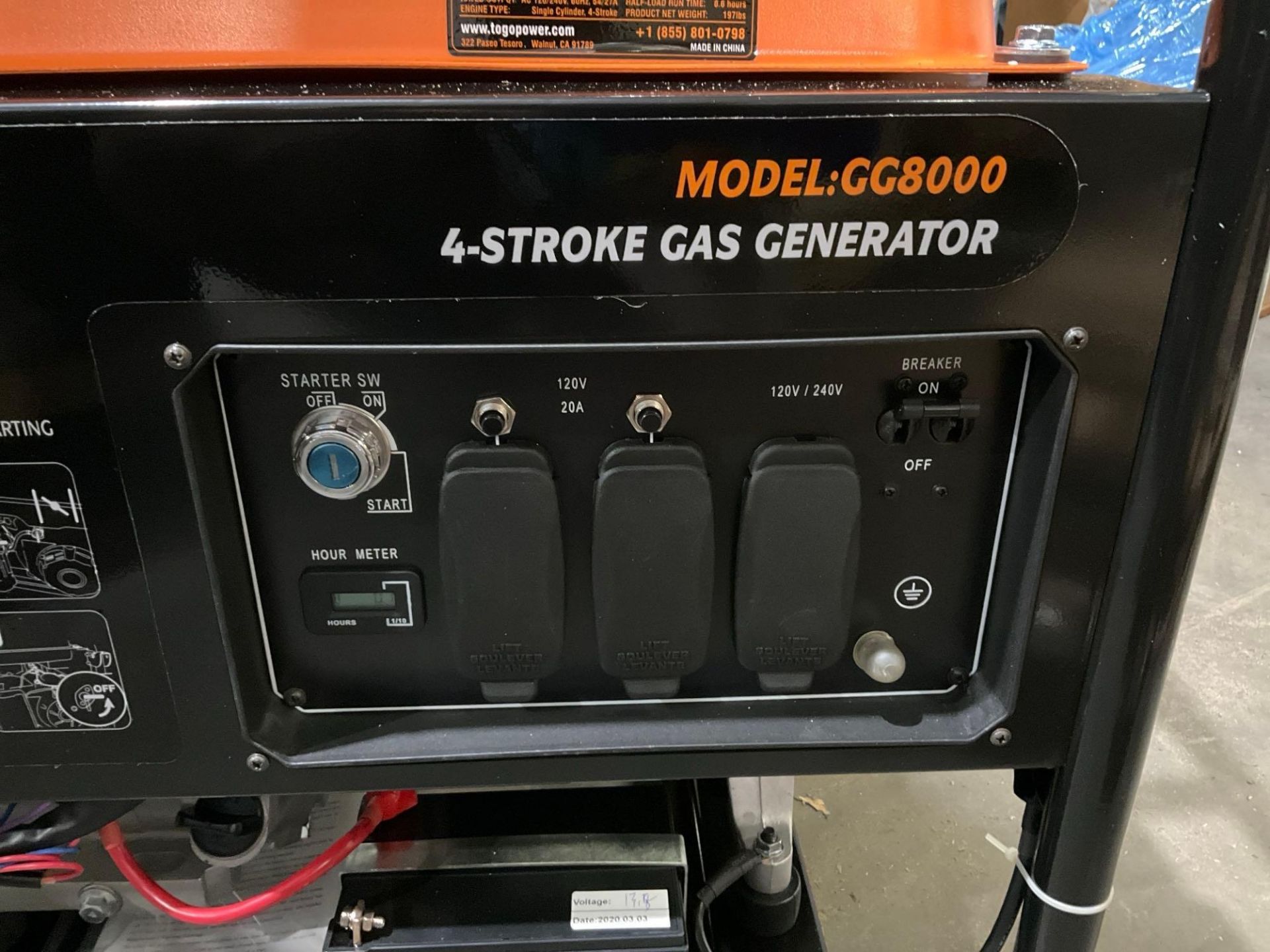 ( 1 ) UNUSED TOGO POWER 4-STROKE GAS GENERATOR MODEL GG8000, APPROX PEAK 8000W, APPROX RUNNING 65... - Image 8 of 11