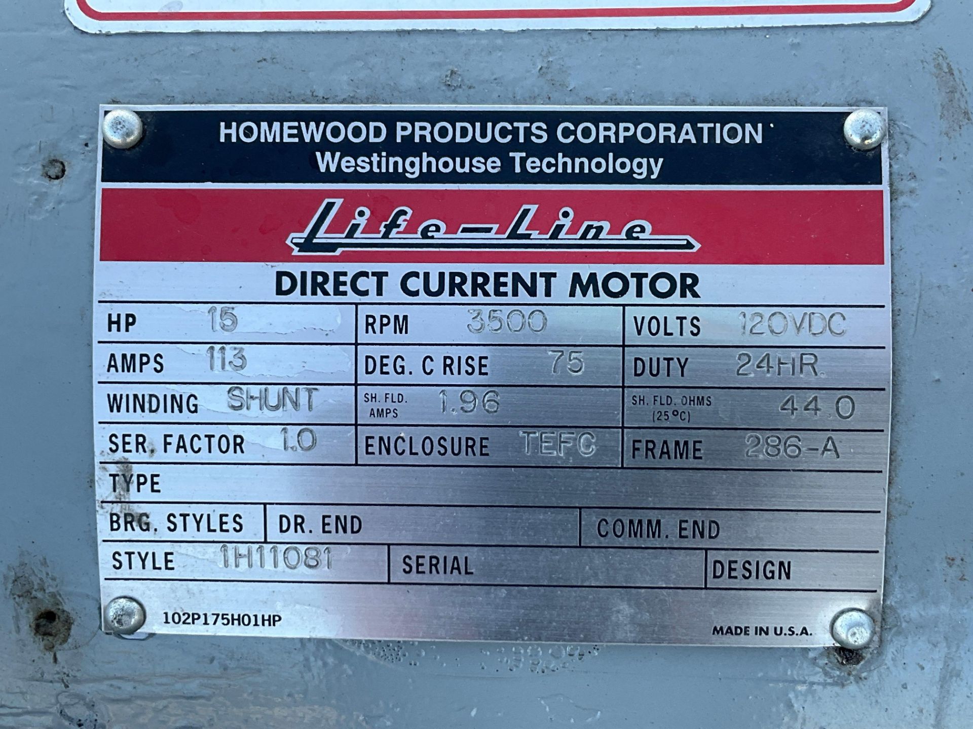 WESTINGHOUSE...DIRECT CURRENT MOTOR MODEL 1H11081, 15 HP, 3500 RPM, 120VDC, 113 AMP, APPROXIMATELY - Image 7 of 7