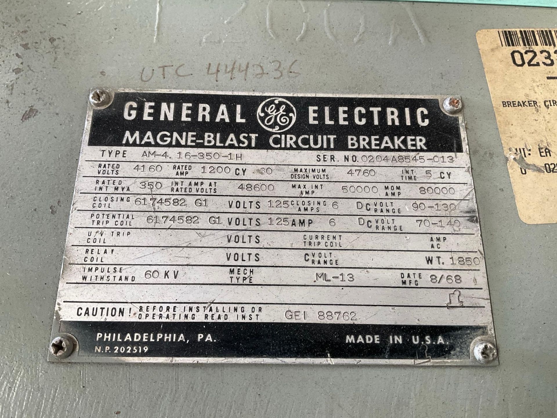 GE - GENERAL ELECTRIC MAGNE-BLAST CIRCUIT BREAKER, TYPE AM-4.16-350-2H, 60HZ, 1200 AMP - Image 9 of 11