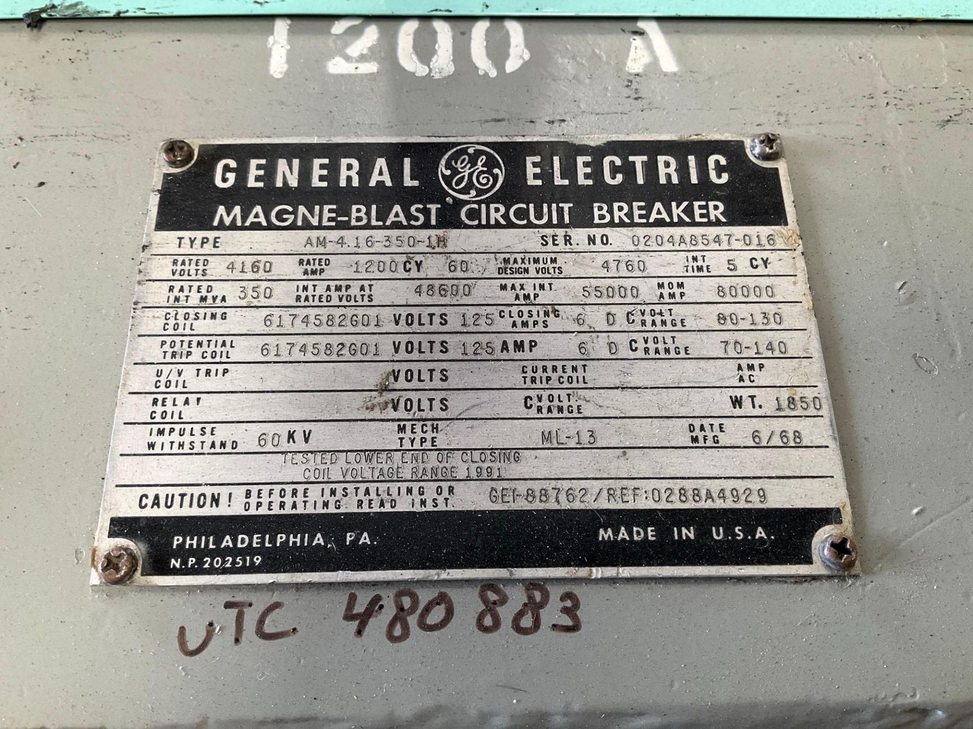 GE - GENERAL ELECTRIC MAGNE-BLAST CIRCUIT BREAKER, TYPE AM-4.16-350-2H, 60HZ, 1200 AMP - Image 9 of 11