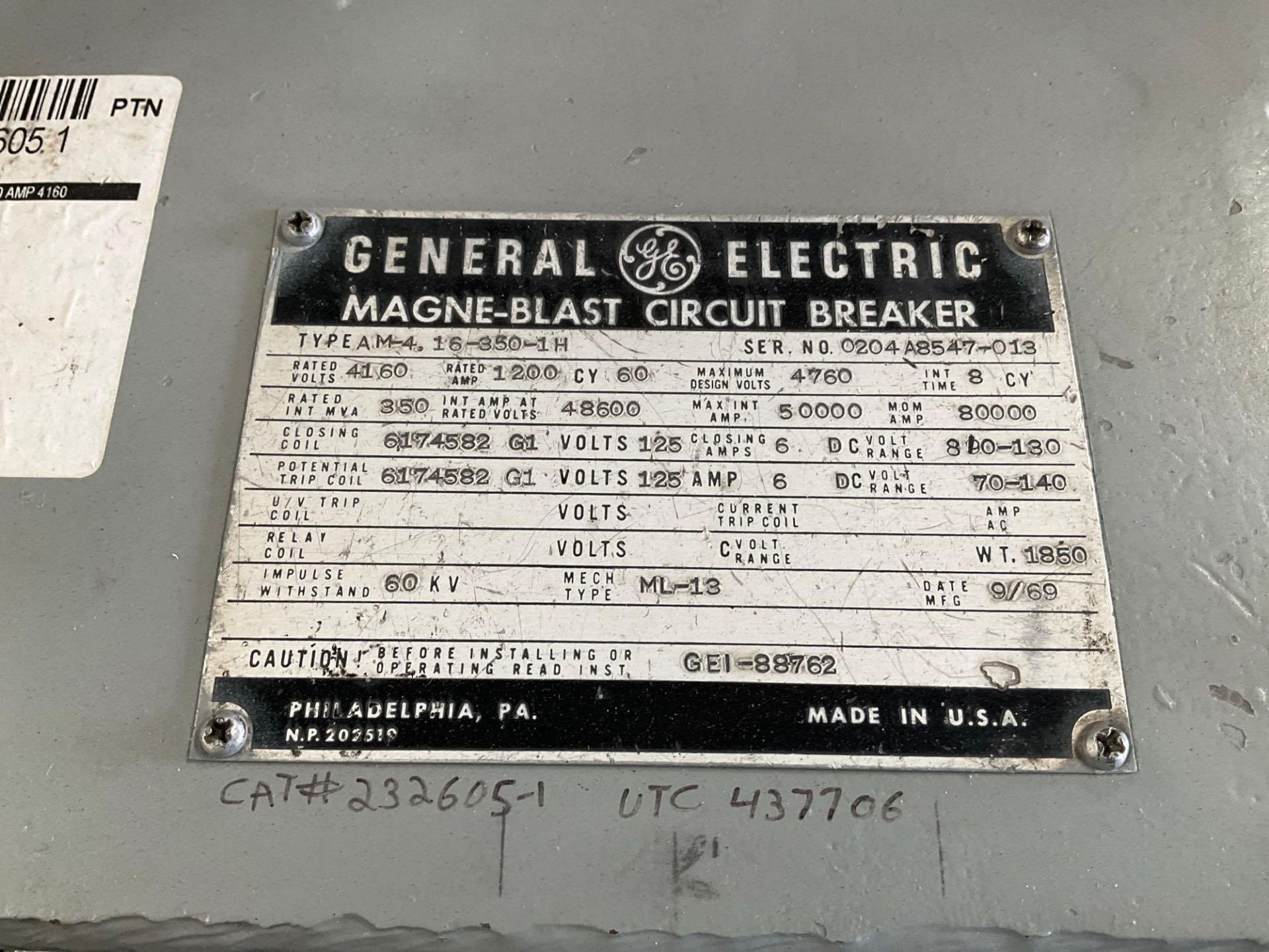 GE - GENERAL ELECTRIC MAGNE-BLAST CIRCUIT BREAKER, TYPE AM-4.16-350-2H, 60HZ, 1200 AMP - Image 9 of 10