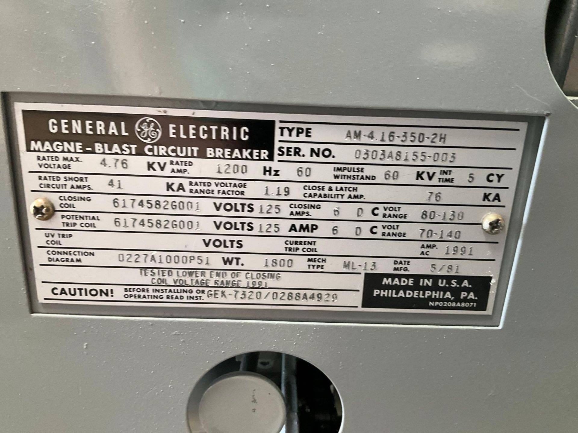 GE - GENERAL ELECTRIC MAGNE-BLAST CIRCUIT BREAKER, TYPE AM-4.16-350-2H, 60HZ, 1200 AMP - Image 10 of 11