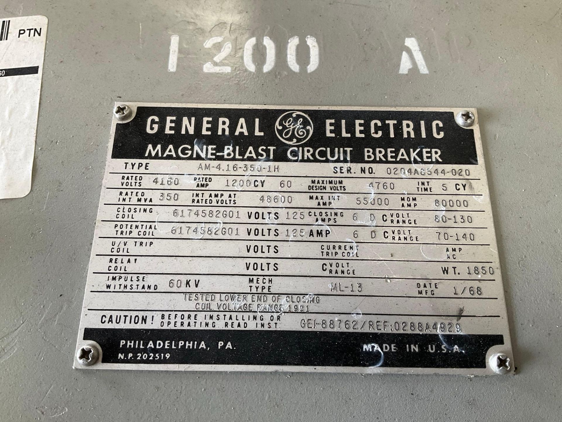 GE - GENERAL ELECTRIC MAGNE-BLAST CIRCUIT BREAKER, TYPE AM-4.16-350-2H, 60HZ, 1200 AMP - Image 10 of 11