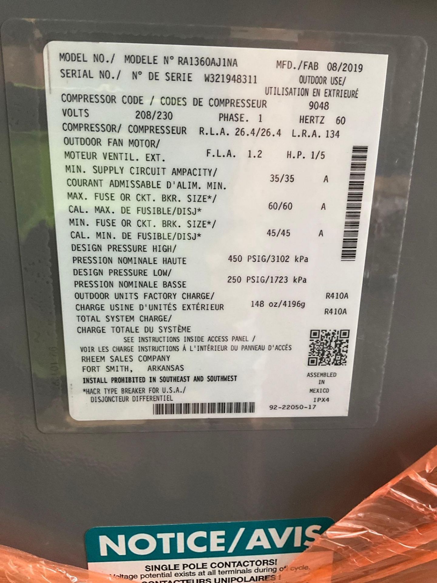 2019 RHEEM...RA1360AJ1NA 5.0 TON 13 SEER SINGLE STAGE AIR CONDITIONER - Bild 9 aus 10