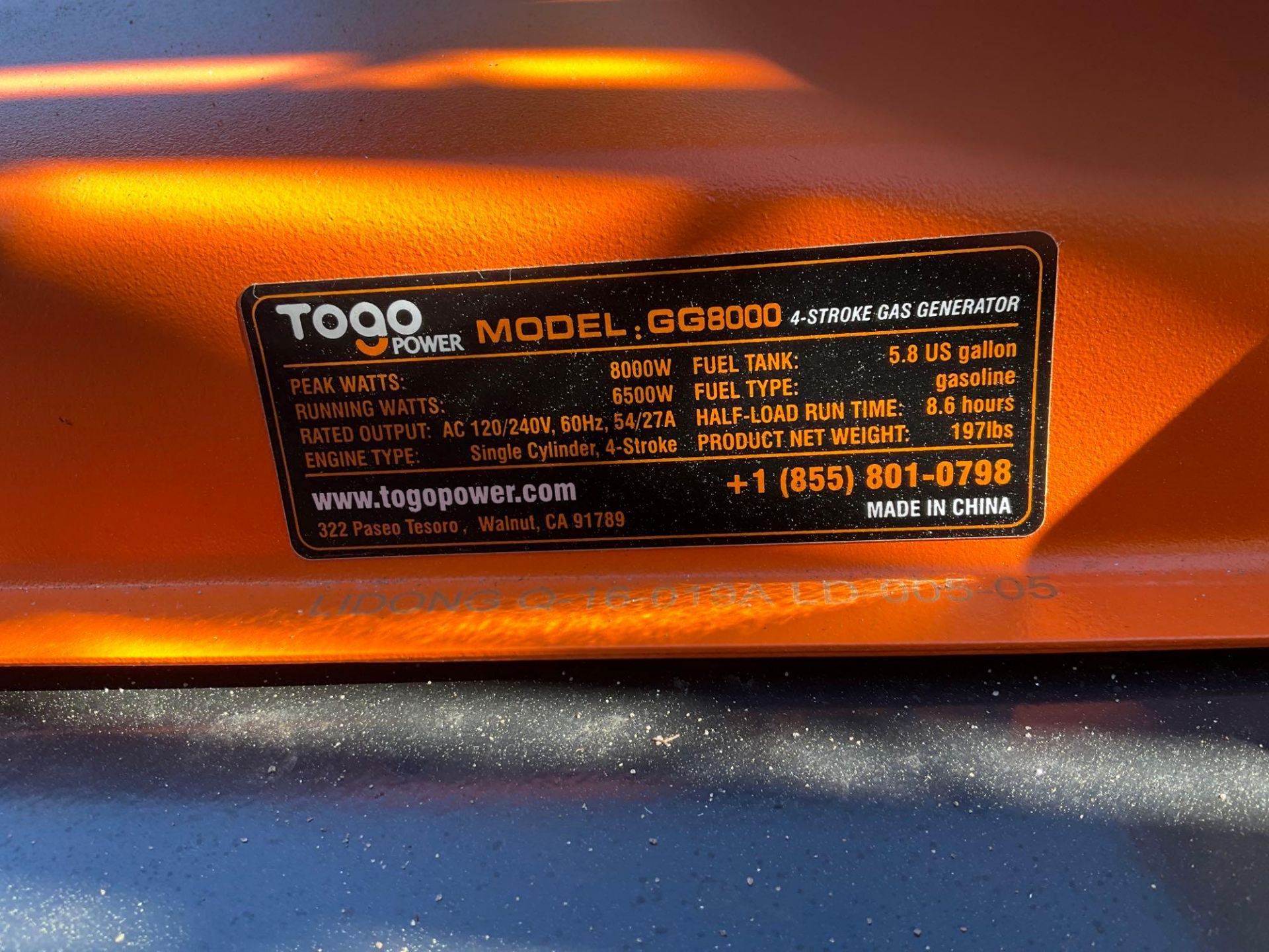 UNUSED TOGO POWER GAS GENERATOR MODEL GG8000; 4-STROKE, 8000 PEAK WATTS, 6500 RUNNING WATTS - Image 5 of 7
