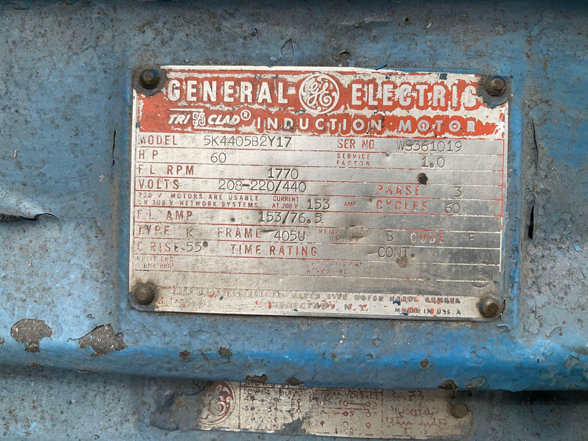 GENERAL ELECTRIC TRI 55 CLAD INDUCTION MOTOR MODEL 5K4405B2Y17, 60 HP, 1770 RPM, 208-220/440 V, 3 - Image 7 of 8