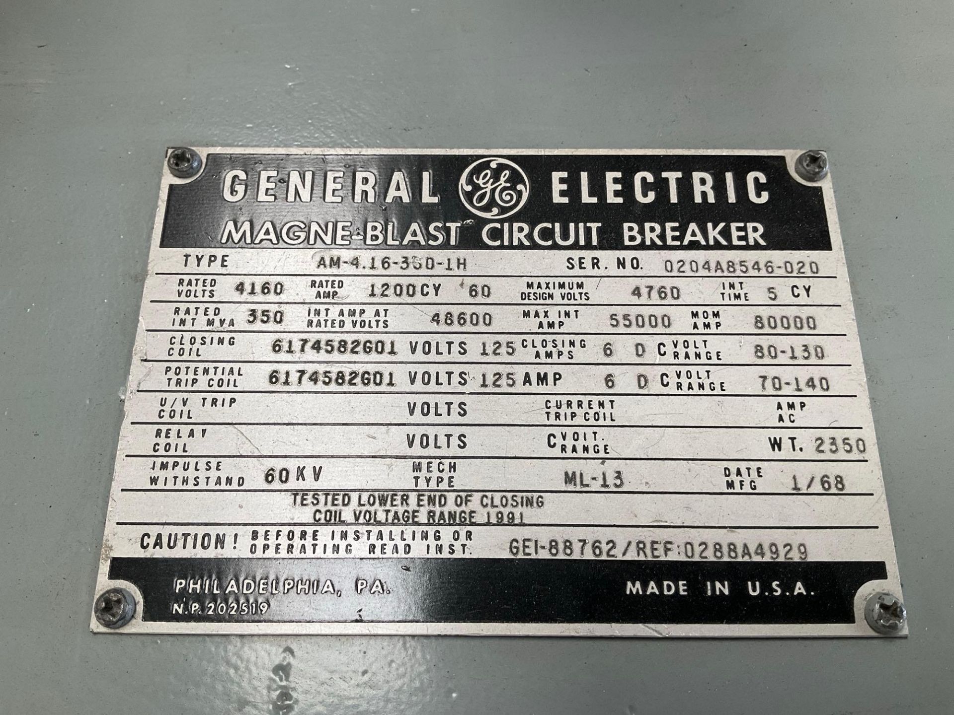 GE - GENERAL ELECTRIC MAGNE-BLAST CIRCUIT BREAKER, TYPE AM-4.16-350-2H, 60HZ, 1200 AMP - Image 9 of 10