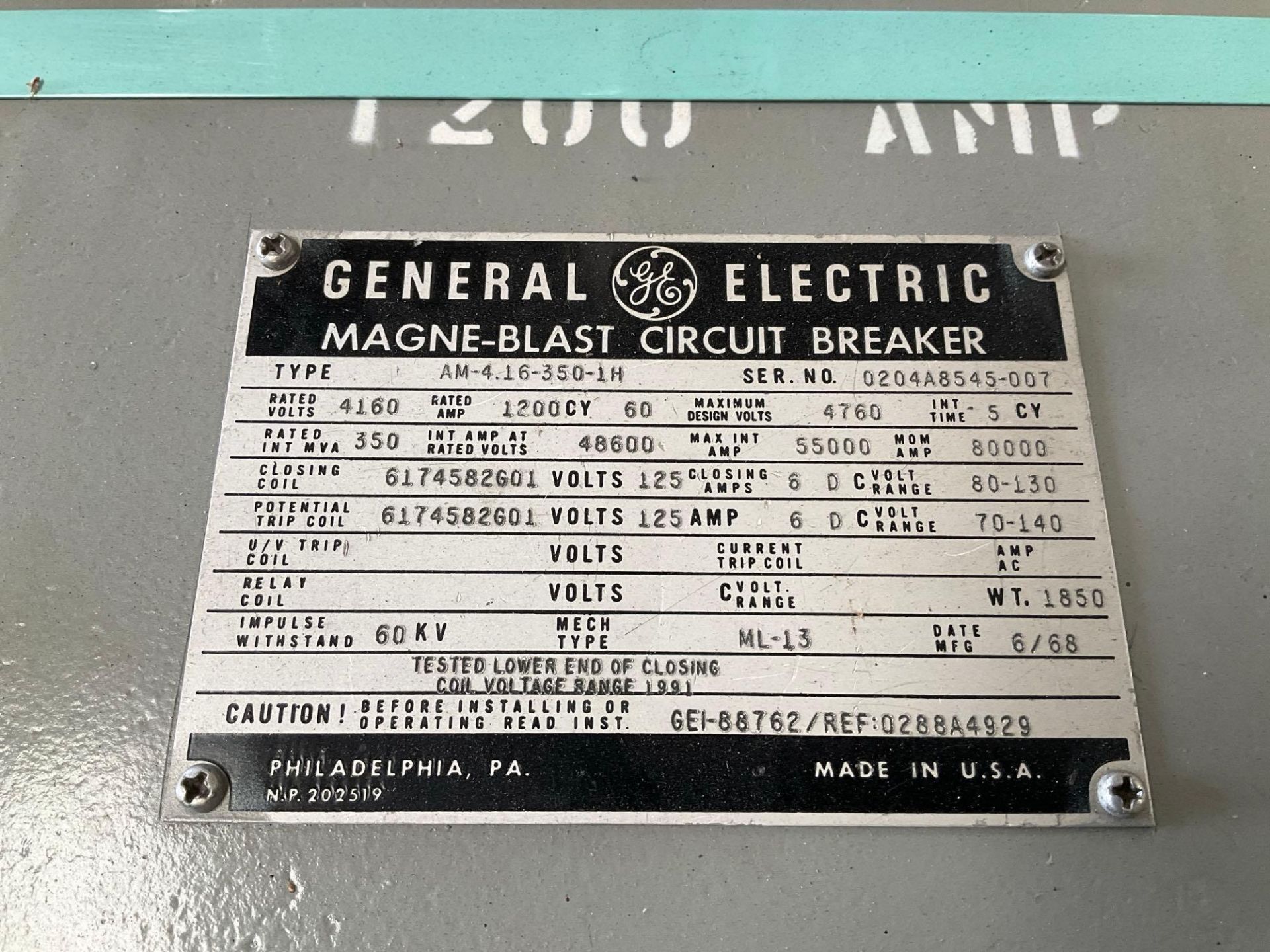 GE - GENERAL ELECTRIC MAGNE-BLAST CIRCUIT BREAKER, TYPE AM-4.16-350-2H, 60HZ, 1200 AMP - Image 9 of 11